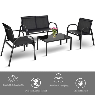 4 Pcs Patio Furniture Set with Glass Top Coffee Table