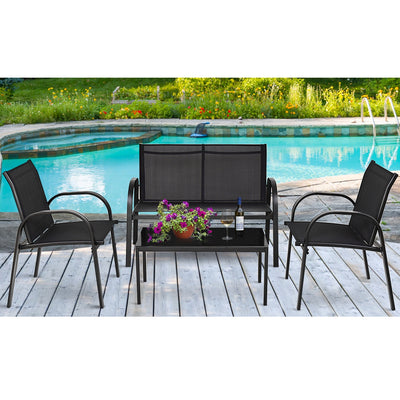 4 Pcs Patio Furniture Set with Glass Top Coffee Table