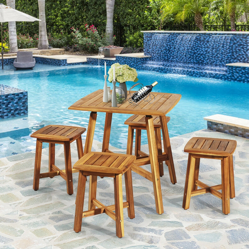 5 Pieces Wood Patio Dining Set with Square Table and 4 Stools