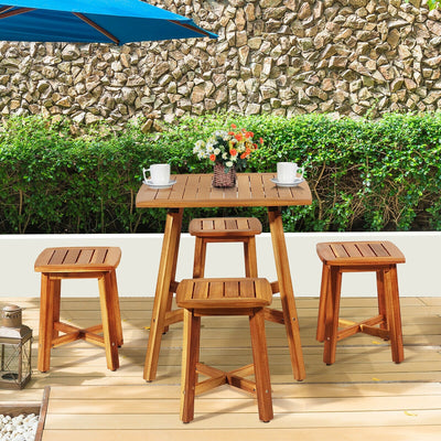 5 Pieces Wood Patio Dining Set with Square Table and 4 Stools