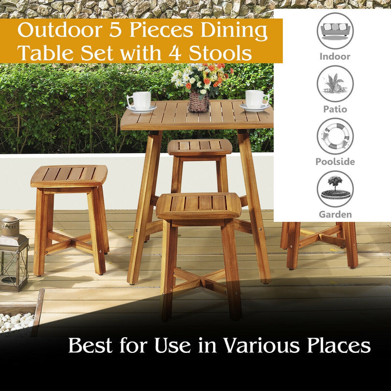 5 Pieces Wood Patio Dining Set with Square Table and 4 Stools