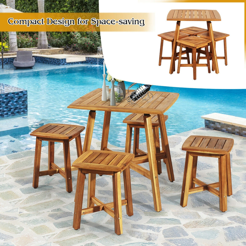 5 Pieces Wood Patio Dining Set with Square Table and 4 Stools