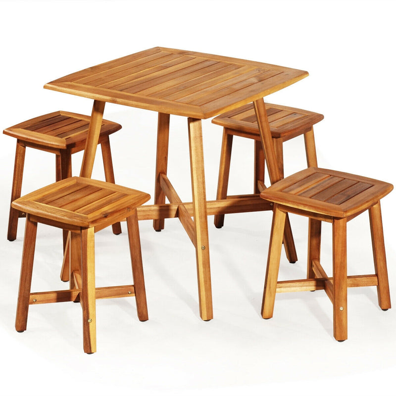 5 Pieces Wood Patio Dining Set with Square Table and 4 Stools