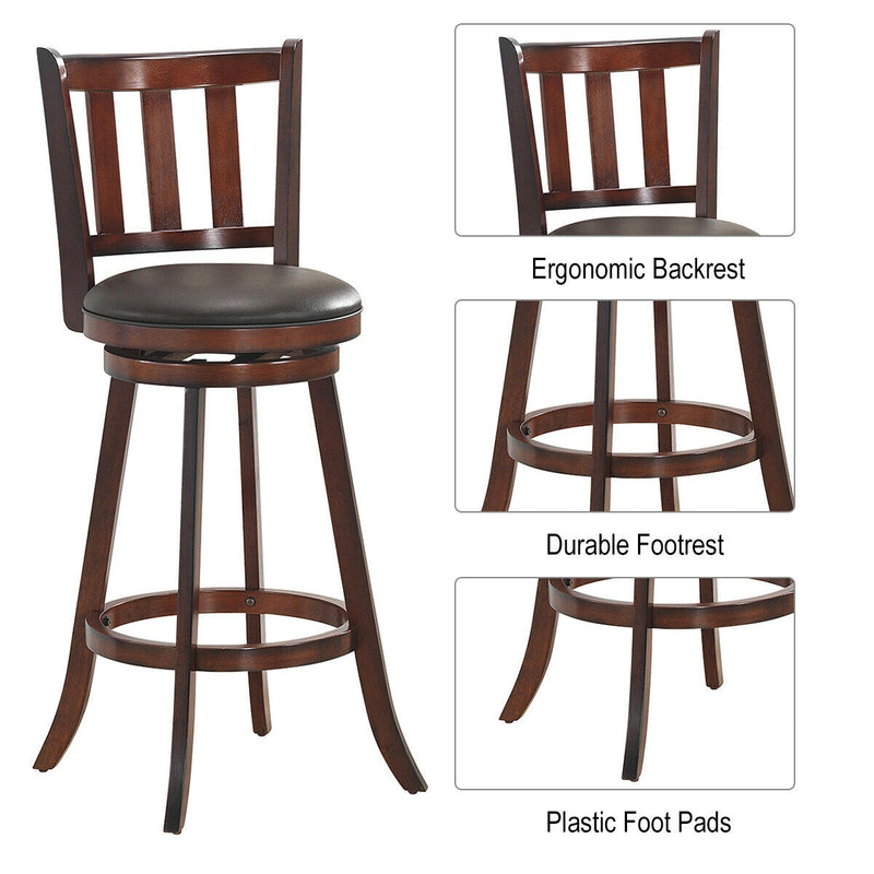 Set of 2 Wood Swivel Counter Height Dining Pub Bar Stools with PVC Cushioned Seat