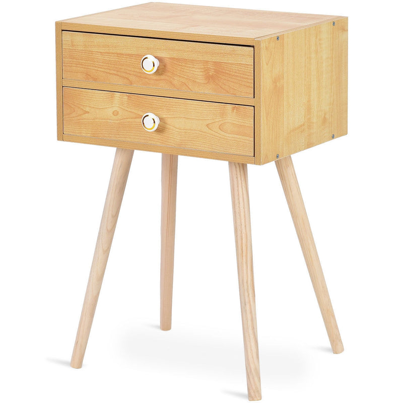 2-Drawer Wooden Nightstand End Table with High Sloping Outward Legs