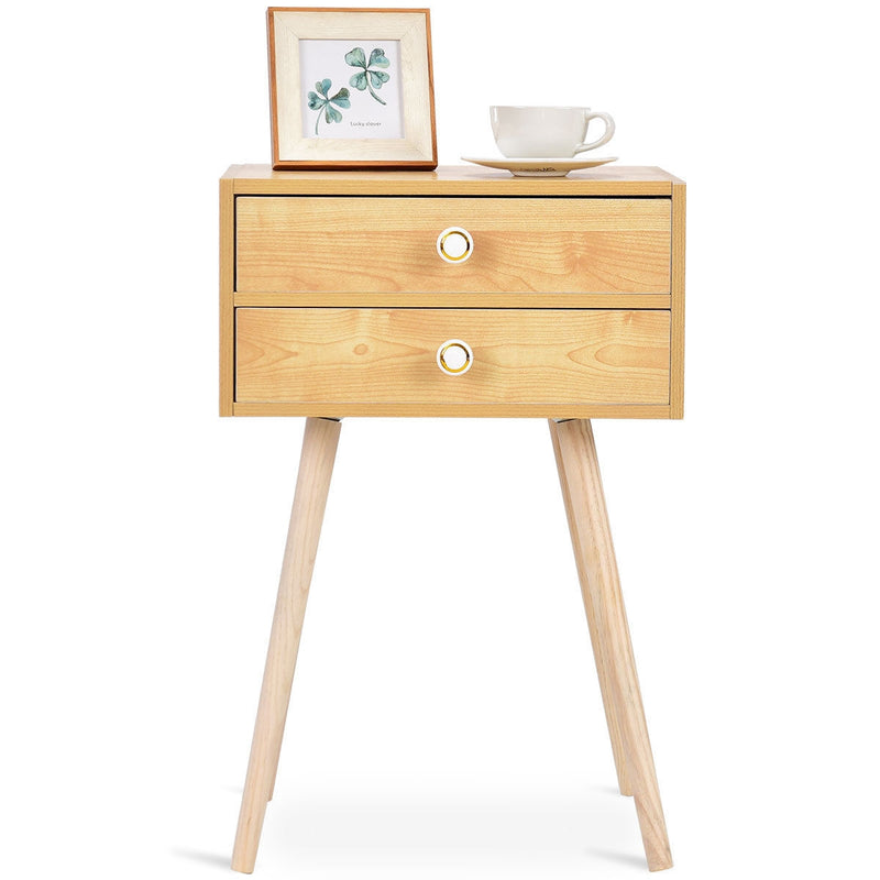 2-Drawer Wooden Nightstand End Table with High Sloping Outward Legs