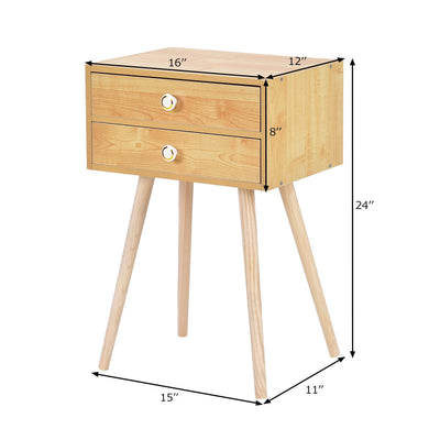 2-Drawer Wooden Nightstand End Table with High Sloping Outward Legs