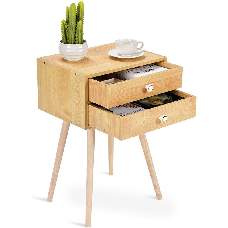 2-Drawer Wooden Nightstand End Table with High Sloping Outward Legs