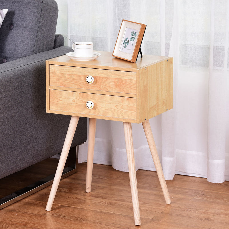 2-Drawer Wooden Nightstand End Table with High Sloping Outward Legs