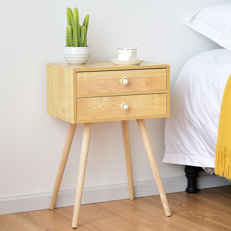 2-Drawer Wooden Nightstand End Table with High Sloping Outward Legs