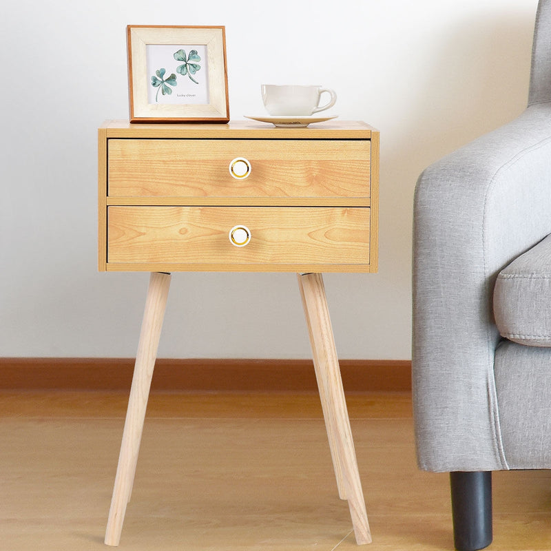 2-Drawer Wooden Nightstand End Table with High Sloping Outward Legs