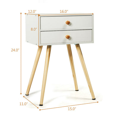 2-Drawer Wooden Nightstand End Table with High Sloping Outward Legs