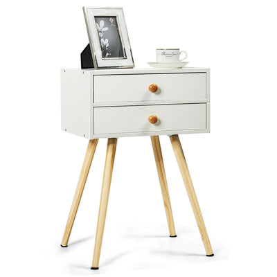 2-Drawer Wooden Nightstand End Table with High Sloping Outward Legs