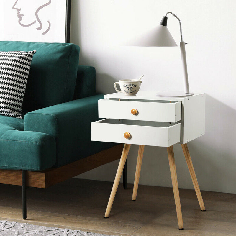 2-Drawer Wooden Nightstand End Table with High Sloping Outward Legs