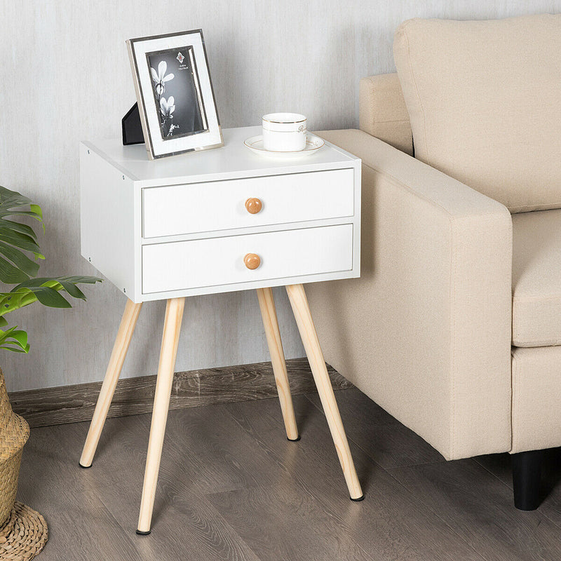 2-Drawer Wooden Nightstand End Table with High Sloping Outward Legs