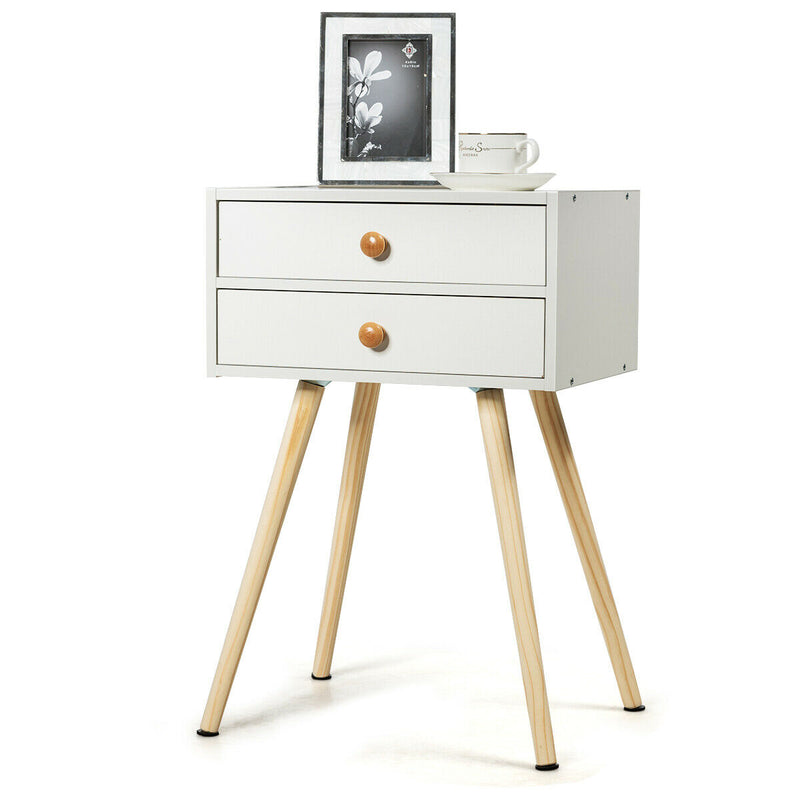 2-Drawer Wooden Nightstand End Table with High Sloping Outward Legs