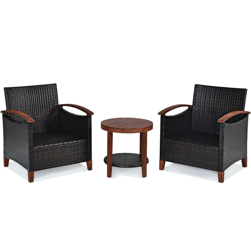 3 Pieces Solid Wood Frame Patio Rattan Furniture Set