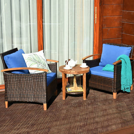 3 Pieces Solid Wood Frame Patio Rattan Furniture Set