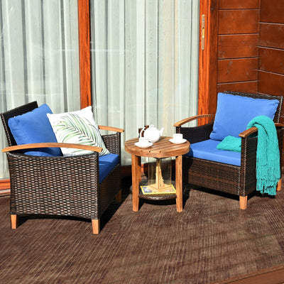 3 Pieces Solid Wood Frame Patio Rattan Furniture Set