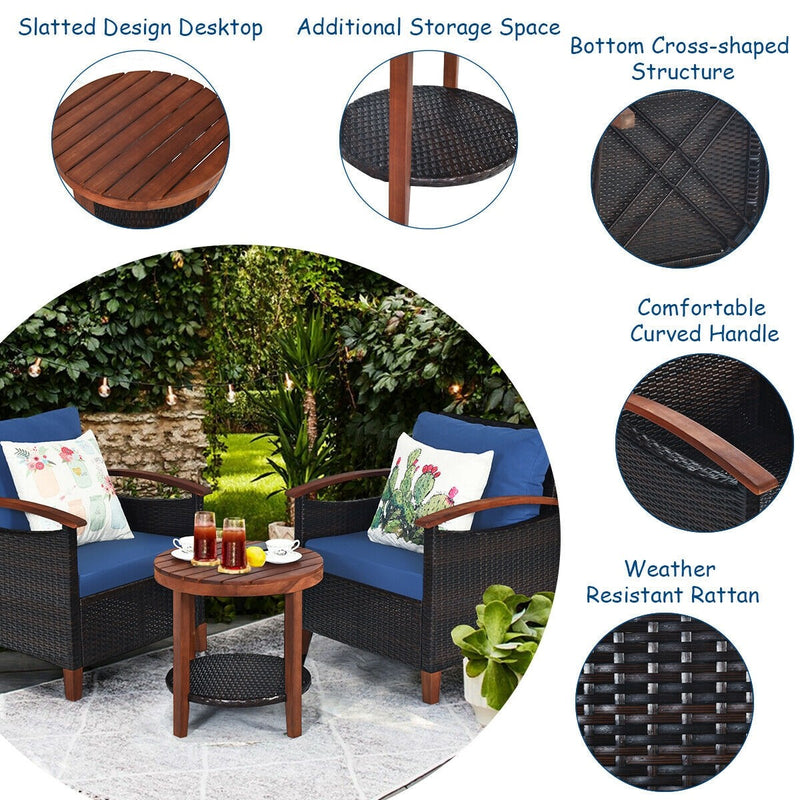 3 Pieces Solid Wood Frame Patio Rattan Furniture Set