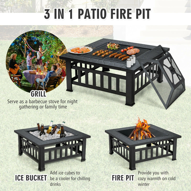 32 Inch 3 in 1 Outdoor Square Fire Pit Table with BBQ Grill and Rain Cover for Camping