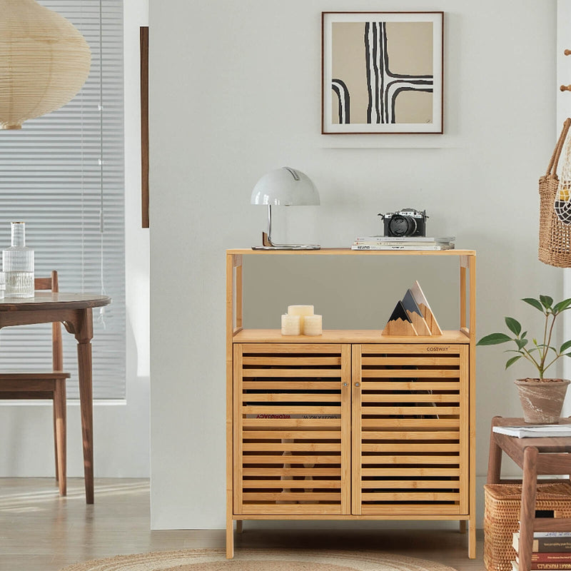 Bamboo Bathroom Floor Storage Cabinet with Shutter Doors