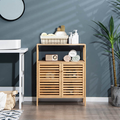 Bamboo Bathroom Floor Storage Cabinet with Shutter Doors