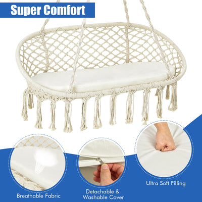 2 Person Hanging Hammock Chair with Cushion Macrame Swing