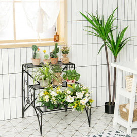 3-Tier Metal Plant Stand with Widened Grid Shelf for Porch Garden