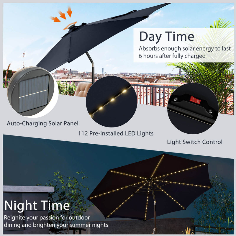 10 Feet Patio Umbrella with 112 Solar Lights and Crank Handle