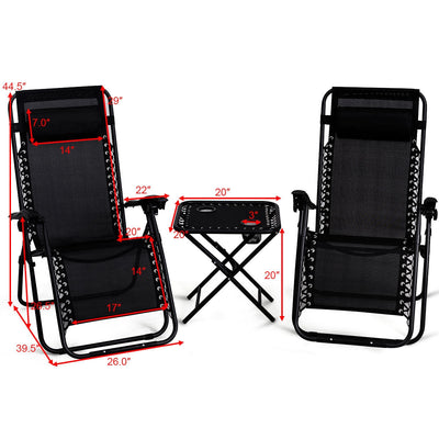 3 Pieces Folding Portable Zero Gravity Reclining Lounge Chairs Table Set