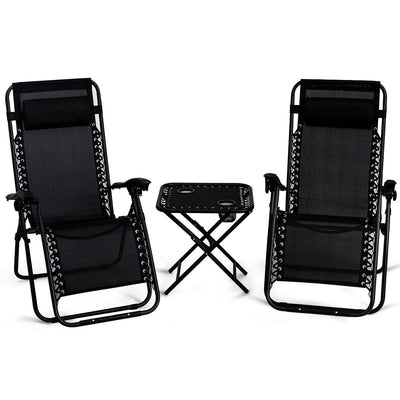 3 Pieces Folding Portable Zero Gravity Reclining Lounge Chairs Table Set