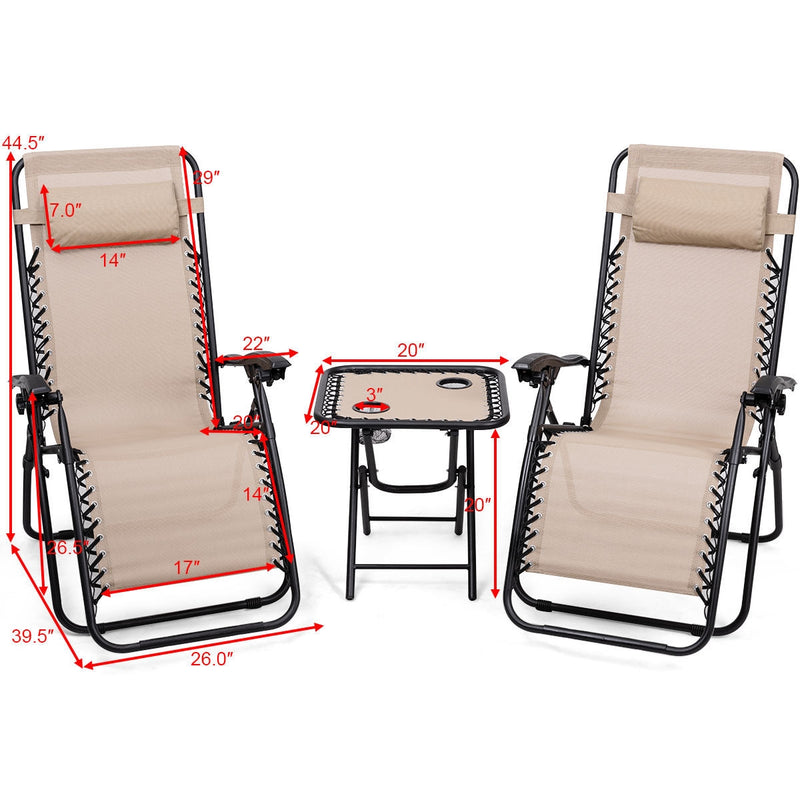 3 Pieces Folding Portable Zero Gravity Reclining Lounge Chairs Table Set