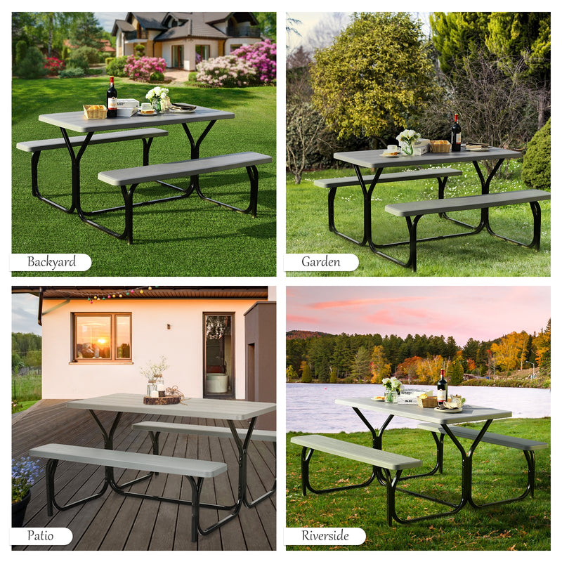 HDPE Outdoor Picnic Table Bench Set with Metal Base