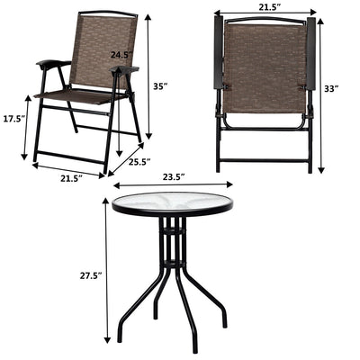 3 Pieces Bistro Patio Garden Furniture Set of Round Table and Folding Chairs