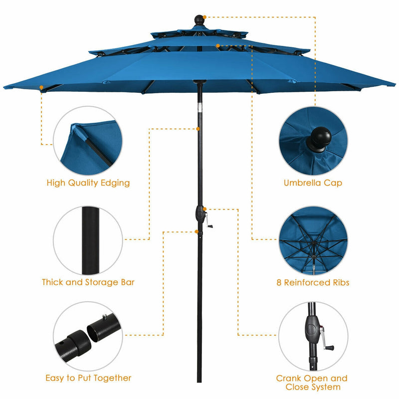 10ft 3 Tier Patio Umbrella Aluminum Sunshade Shelter Double Vented without Base