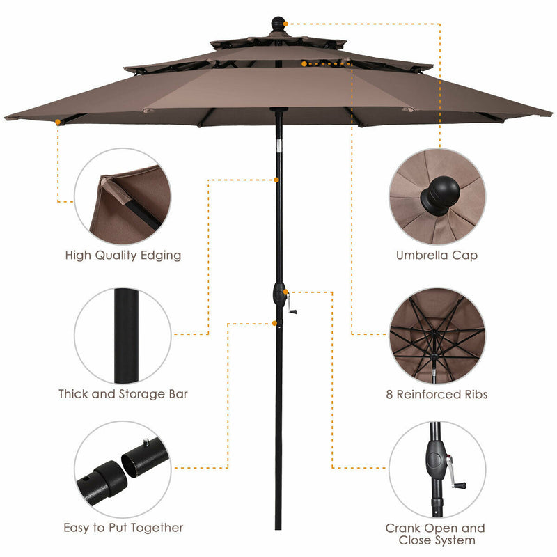 10ft 3 Tier Patio Umbrella Aluminum Sunshade Shelter Double Vented without Base