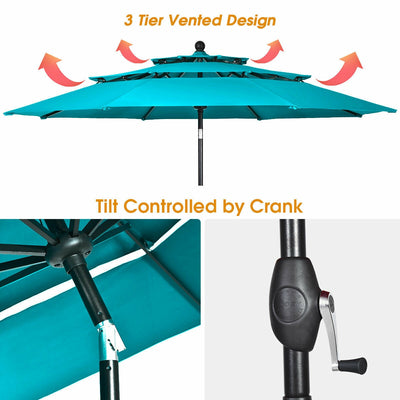 10ft 3 Tier Patio Umbrella Aluminum Sunshade Shelter Double Vented without Base