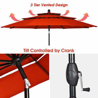 10ft 3 Tier Patio Umbrella Aluminum Sunshade Shelter Double Vented without Base