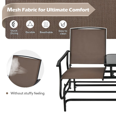 2-Person Double Rocking Loveseat with Mesh Fabric and Center Tempered Glass Table