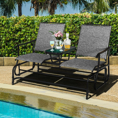 2-Person Double Rocking Loveseat with Mesh Fabric and Center Tempered Glass Table