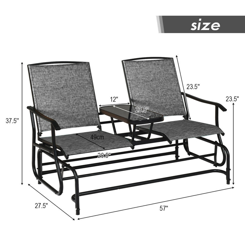 2-Person Double Rocking Loveseat with Mesh Fabric and Center Tempered Glass Table