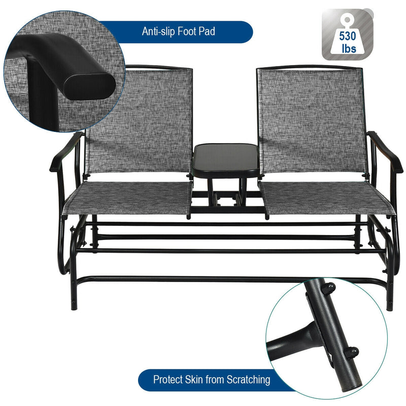 2-Person Double Rocking Loveseat with Mesh Fabric and Center Tempered Glass Table