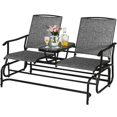 2-Person Double Rocking Loveseat with Mesh Fabric and Center Tempered Glass Table