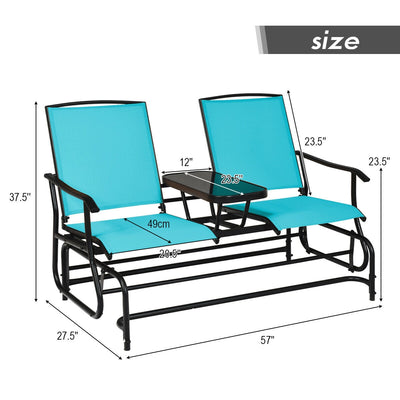 2-Person Double Rocking Loveseat with Mesh Fabric and Center Tempered Glass Table