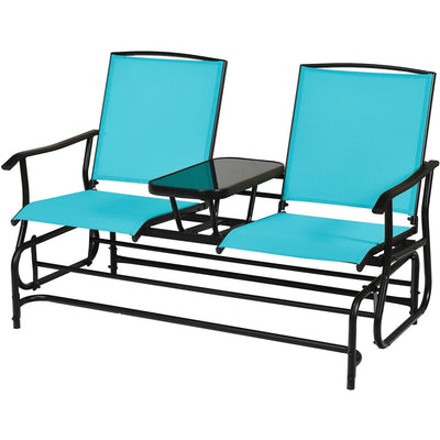 2-Person Double Rocking Loveseat with Mesh Fabric and Center Tempered Glass Table