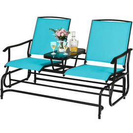 2-Person Double Rocking Loveseat with Mesh Fabric and Center Tempered Glass Table