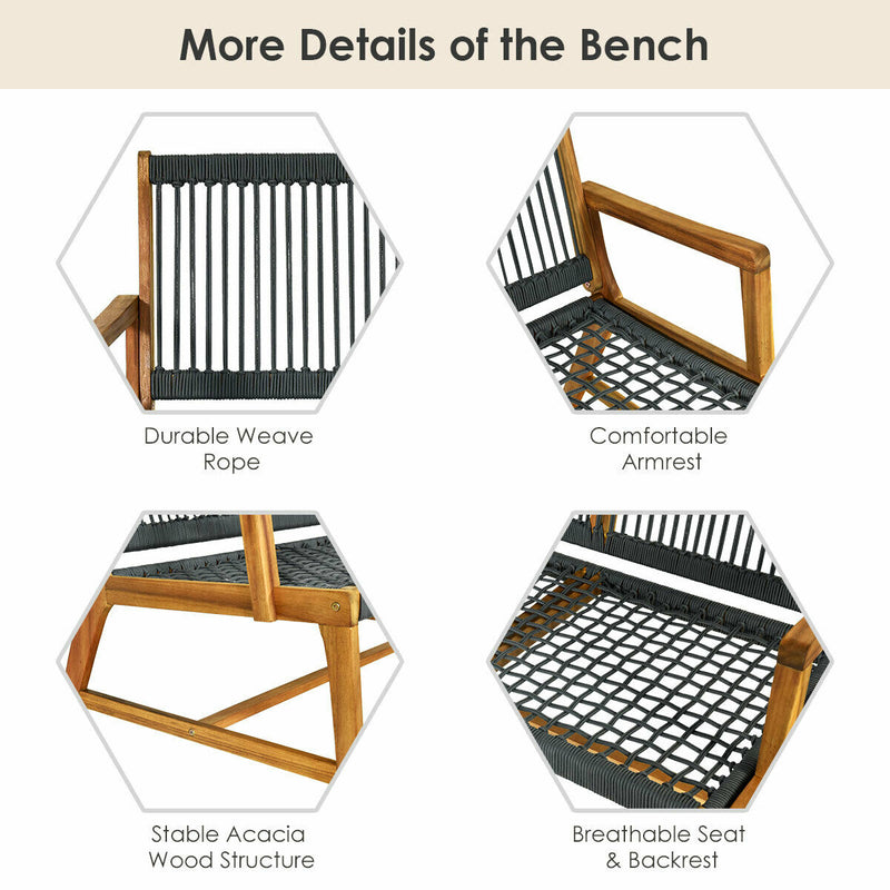 2-Person Wood Bench with Breathable Woven Seat & Back