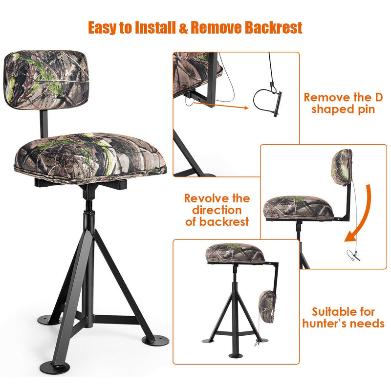 Swivel Hunting Chair Tripod Blind Stool with Detachable Backrest