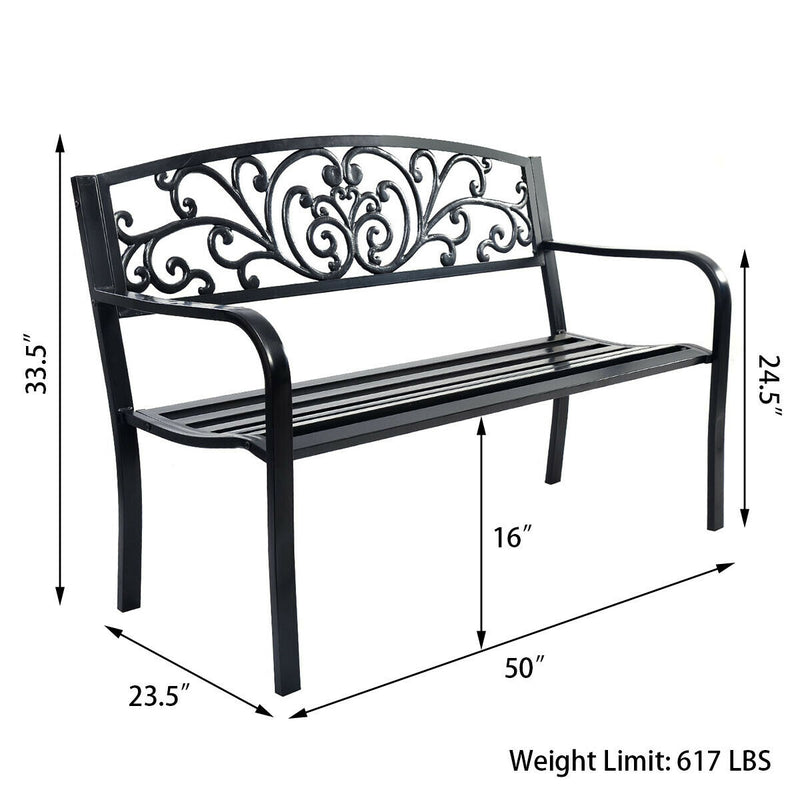 50 Inch Patio Park Steel Frame Cast Iron Backrest Bench Porch Chair